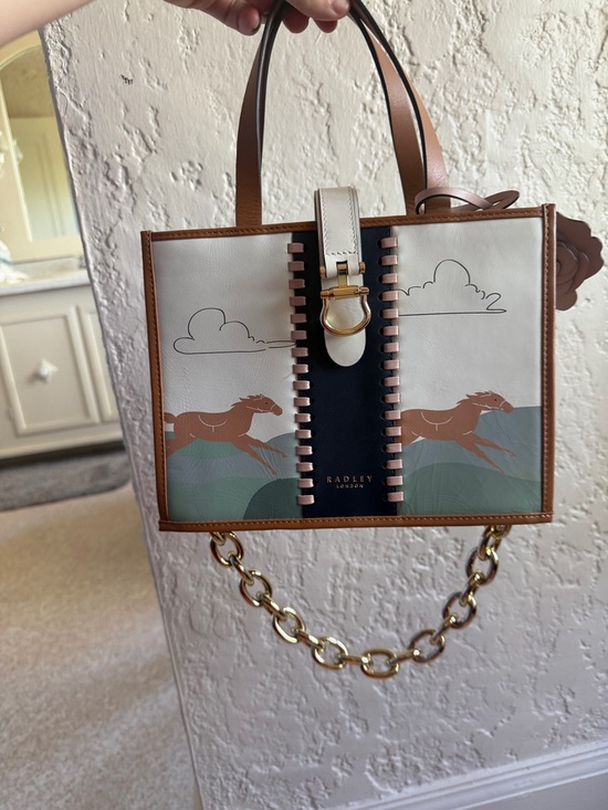 RADLEY LONDON Handbags - RADLEY LONDON Cream, Brown & Navy Horse-Print Satchel with Gold Chain Strap